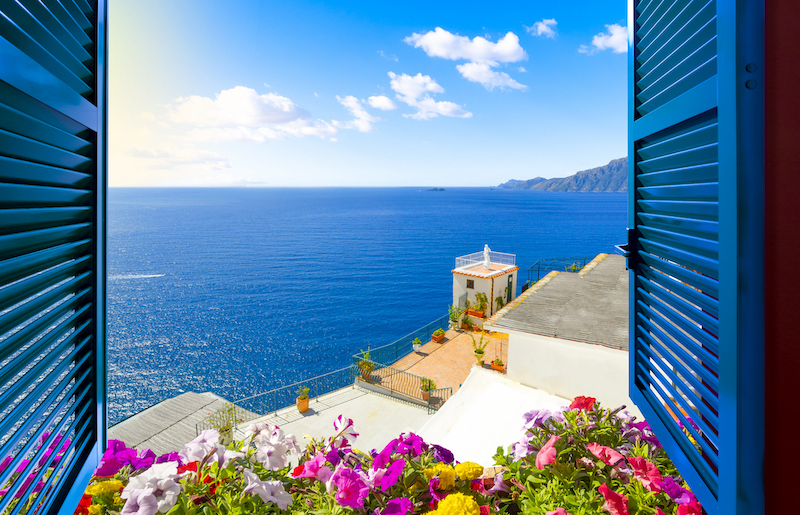 Scenic Open Window View Of The Mediterranean Sea From A Luxury Resort Room Along The Amalfi Coast Near Sorrento, Italy