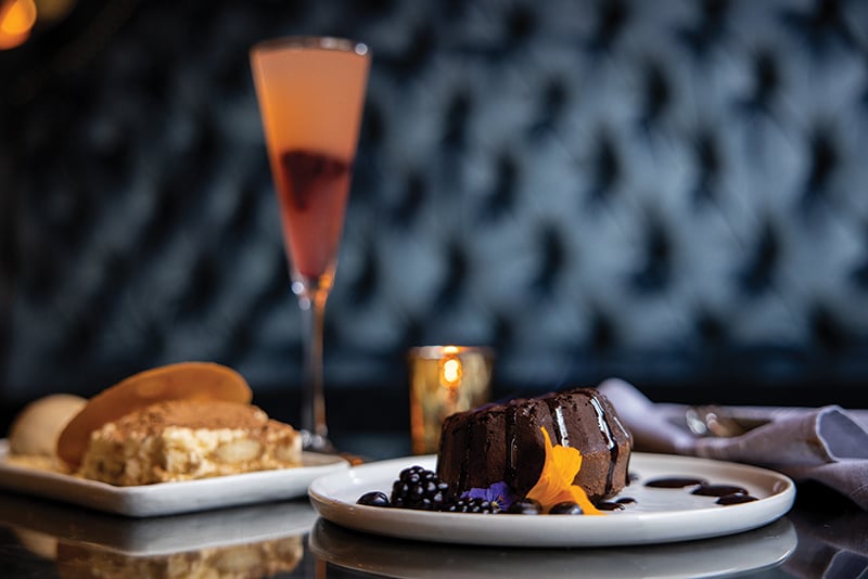 Charlotte, North Carolina October 8th 2022 : Crave Dessert Bar Hibiscus Bellini With The Molten Lava Cake Or Drunken Tiramisu Thicker Than A Snicker Photographed By Peter Taylor In Charlotte, Nc. October 8, 2022.