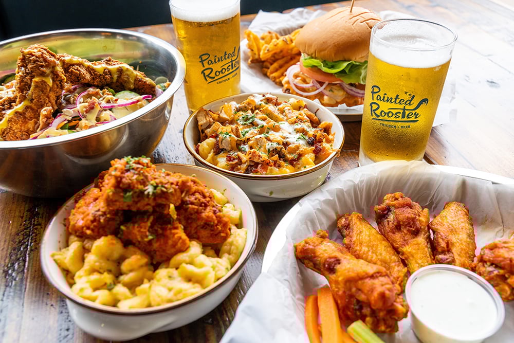 Charlotte, Nc, August 8 2025 Painted Rooster Anchor Bar Buffalo Sandwich With Waffle Fries Dyn O Mite Chicken (don't Miss) Mac Daddy & Cheez Bacon Chicken Ranch Wings With A Cold Beer (your Choice) Salad Tk Photographed By Peter Taylor In
