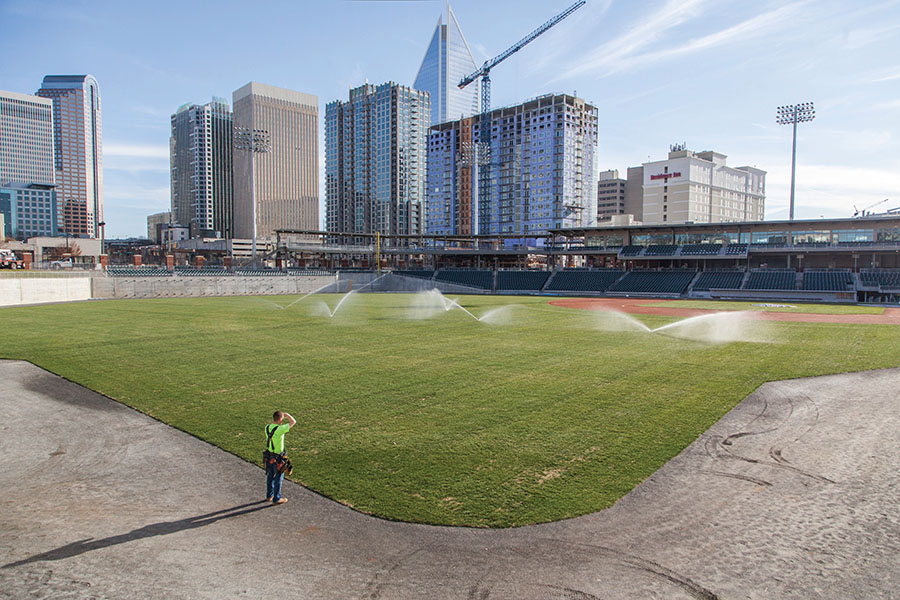 Aerial view of the BB&T Ballpark, home of the Charlotte Knights Triple-A  minor-league baseball team in downtown Charlotte, North Carolina