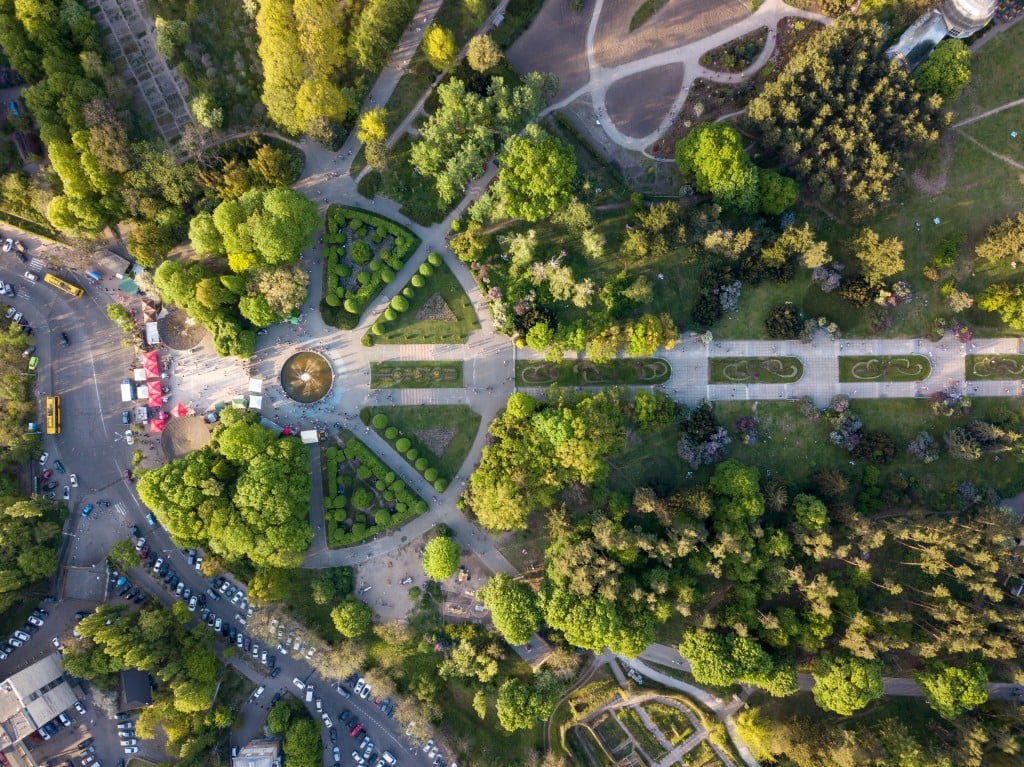 Aerial View Botanical Garden In The City Of Kiev With Tourists In The Spring. Drone Photograph