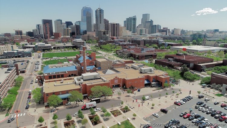 Aerial view of Auraria campus, featuring the Tivoli Student Union building