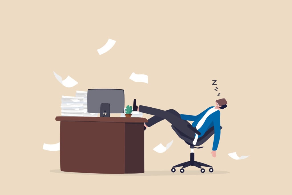 Loud Quitting, Lack Of Work Motivation, Work Boredom Or Morality, Exhaustion Or Burn Out From Hard Work Without Recognition Concept, Unhappy Businessman Sleeping While Working At Busy Workplace.