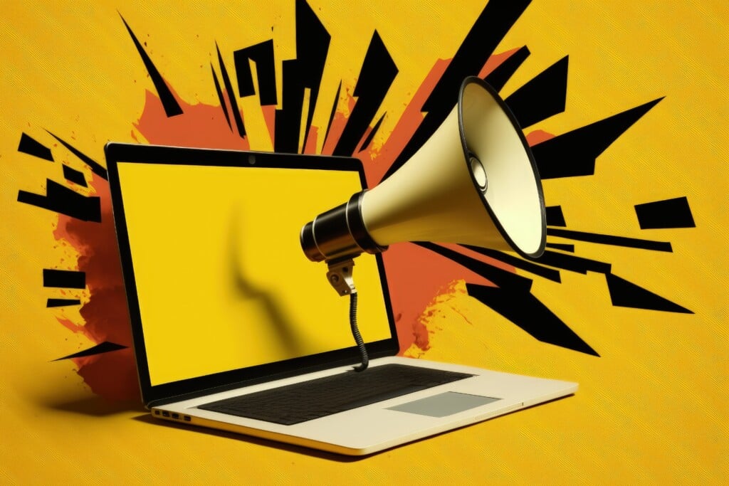 eCommerce Personalization graphic: Laptop With Megaphone On Screen, Marketing Concept, Yellow Backg