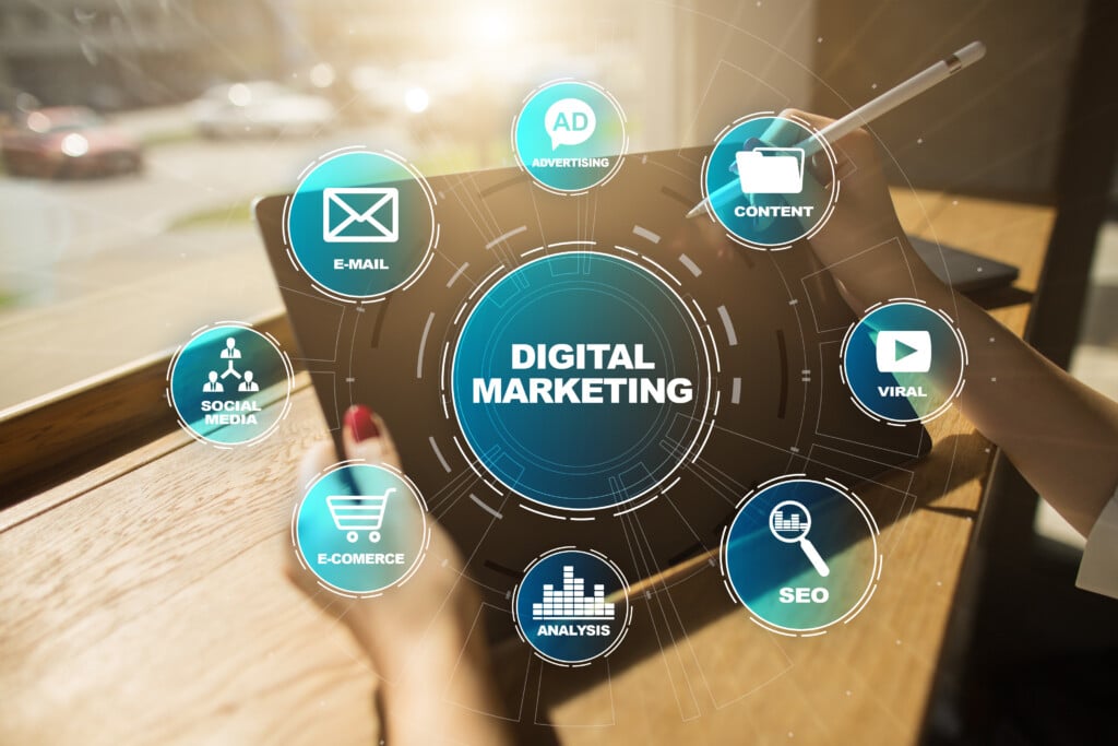 Digital Marketing Technology Concept. Internet. Online. Search Engine Optimisation. Seo. Smm. Video Advertising.