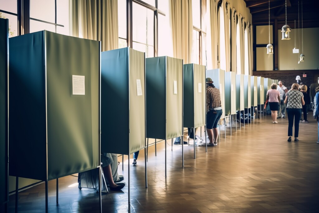Election Day Photos Of Voting Booths. Polling Stations And People Who Vote Generative Ai
