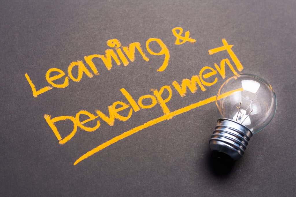 Learning And Development Programs: Handwriting of Learning and Development on chalkboard with small glowing light bulb