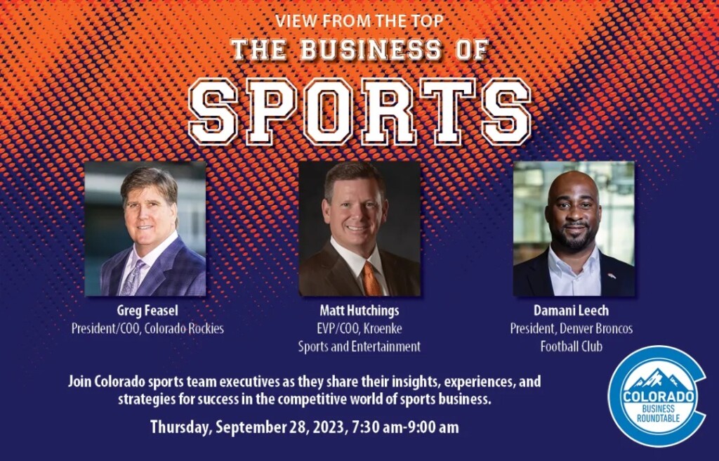 View From the Top Promo Graphic: The Business of Sports pannel featuring three guest speakers