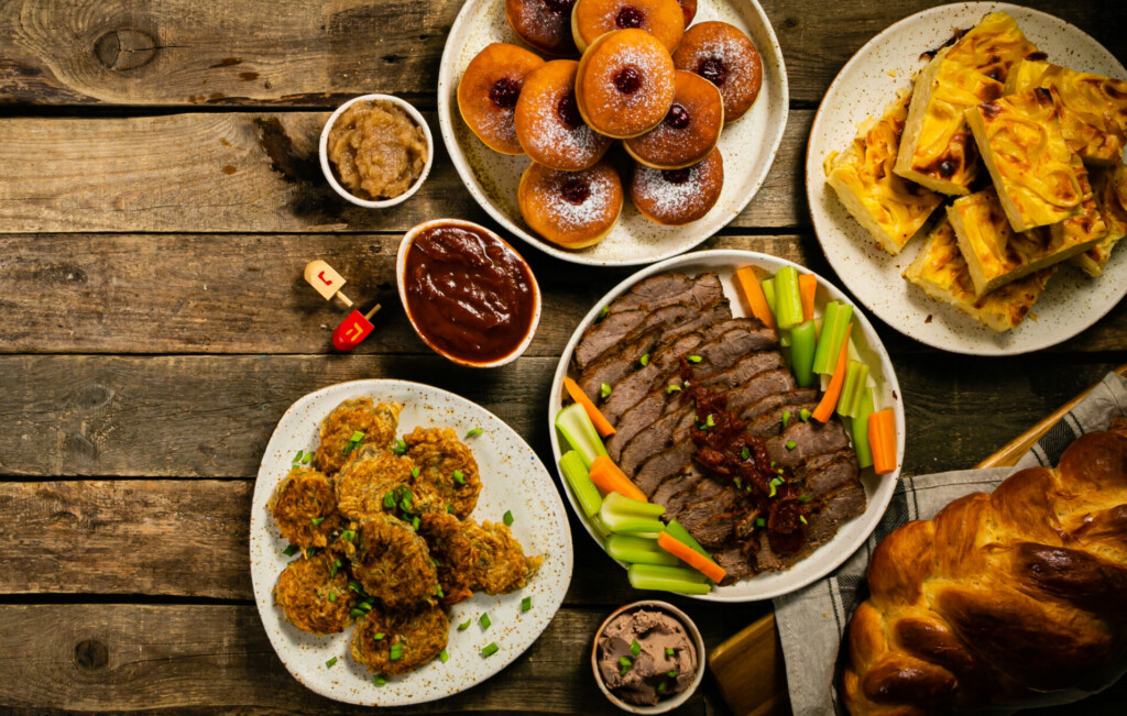 Selection Of Traditional Hanukkah Food For Festive Dinner, Wood Background