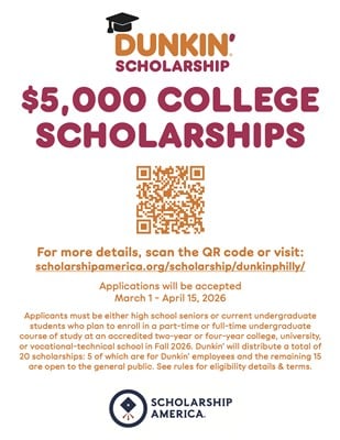 Dunkin’® Launches 17th Annual Philadelphia Regional Scholarship Program With $100,000 In Scholarships To Students