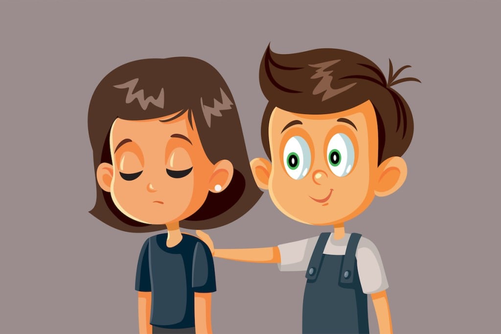 Boy Comforting Girl Vector Cartoon Illustration