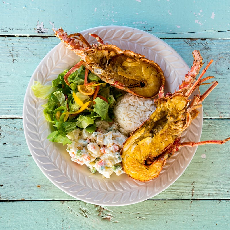 Dish With Fresh Lobster, Rice And Vegetables, Caribbean