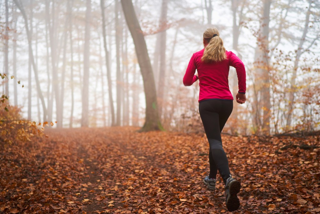 Back View One Woman Jogging In Forest On Foggy Autumn Day