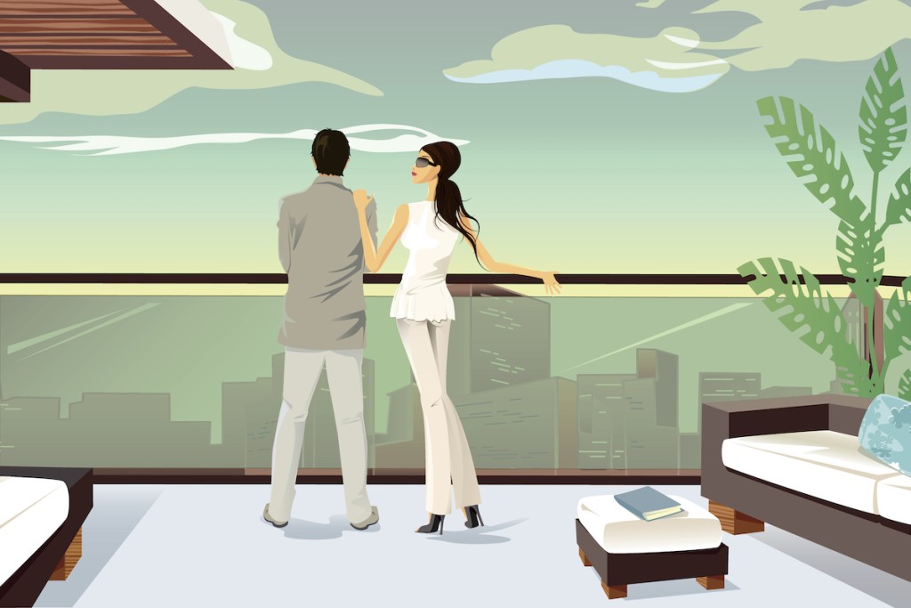 A Colored Drawing Of A Couple Looking Over A Balcony