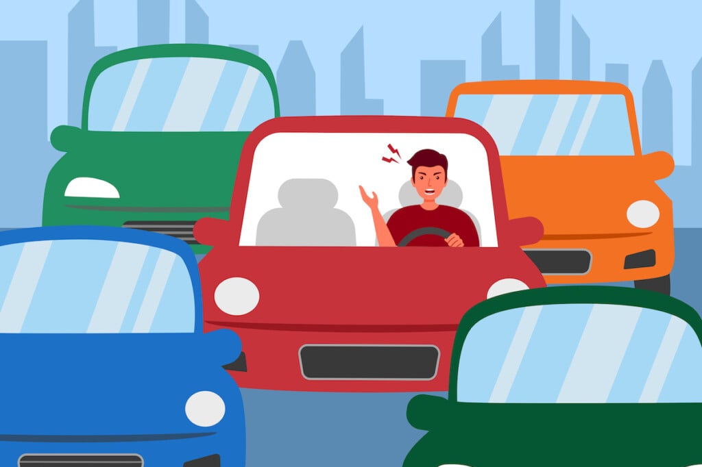 Car Traffic Jam On Street In Flat Design Vector Illustration. Angry Driver.