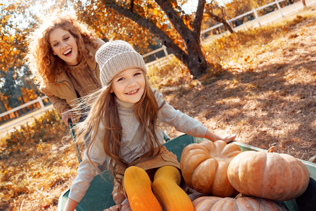 Mother Ride Her Daughter On Wheelbarrow With Pumpkins
