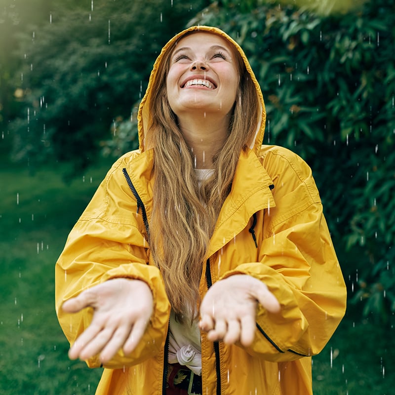 Image Of A Positive Young Blonde Woman Smiling Wearing Yellow Raincoat During The Rain In The Park. Cheerful Female Enjoying The Rain Outdoors. Woman Looking Up And Catching The Rain Drop With Hands.