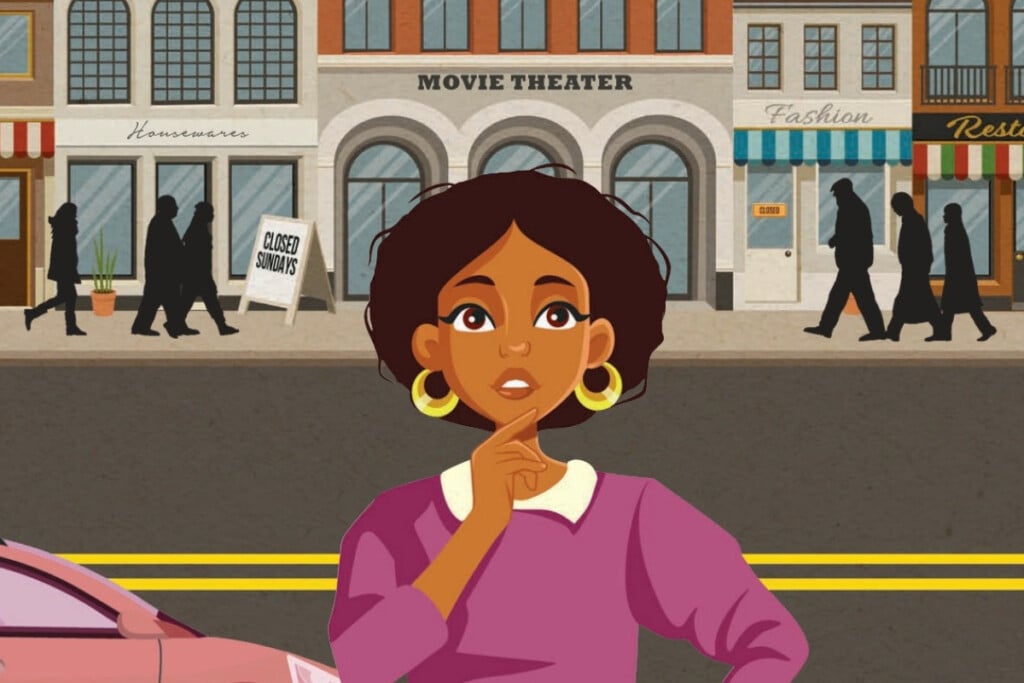 Clipart of a woman standing in front of a busy street with buildings in the background.