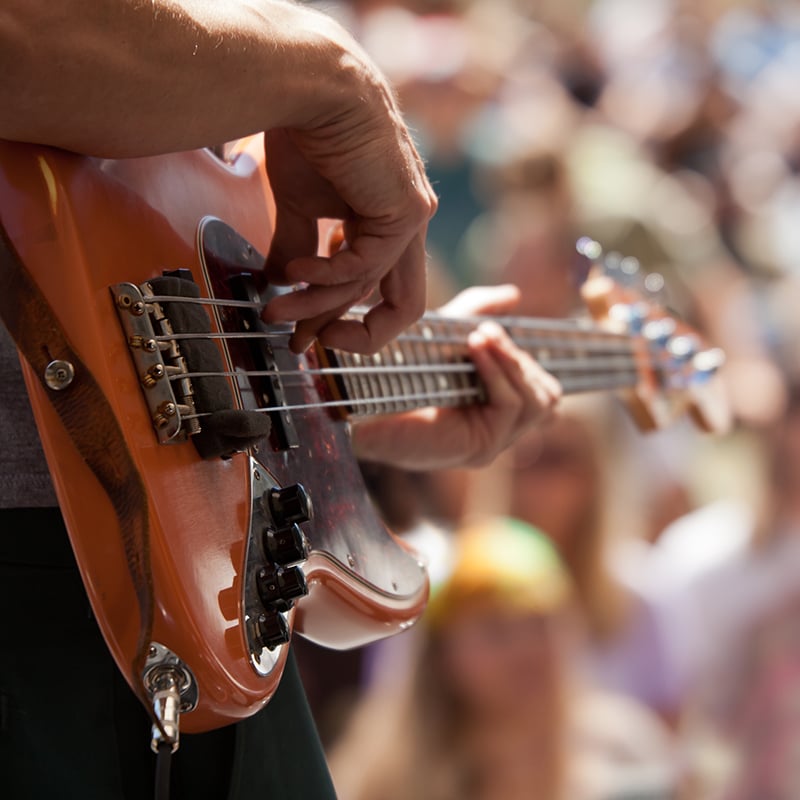 Image of hands playing a guitar in front of a blurred crowd in the background
