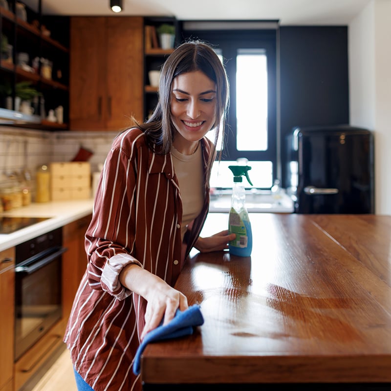 Young Adult Woman Cleaning Kitchen Countertop