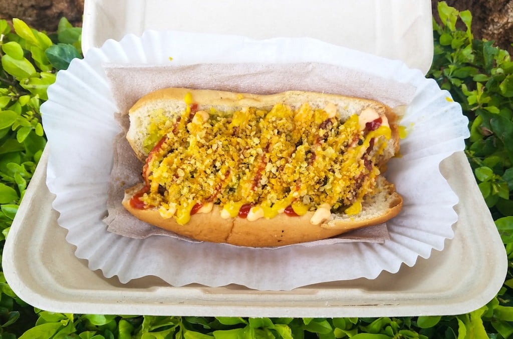vegan hot dog loaded with toppings