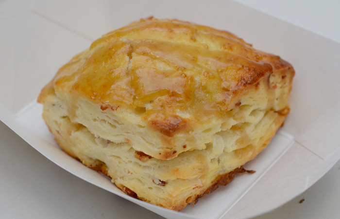 They gave us a bacon biscuit ($2) straight out of the oven. The smoky, peppery bacon bits inside the buttery layers were a nice savory touch.