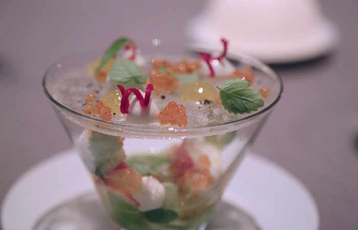 Tender, succulent Alaskan king crab stars in the next course. Instead of the traditional lemon and butter, Duffy adds a Japanese flair with sudachi, a Japanese sour fruit, lemon mint and roe. The course is as delicious as it is beautiful and the roe adds a wonderful texture.