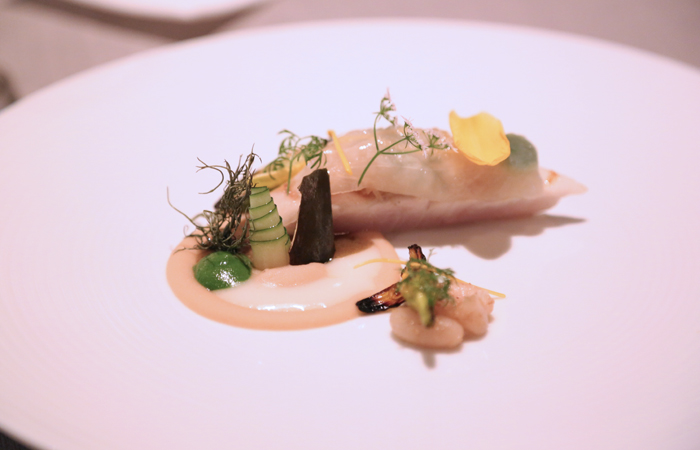 The next course features hiramasa (yellowtail amberjack). This is one of my favorite courses. The fish stands head and shoulders above the other ingredients and nothing muddles its sweet flavor.