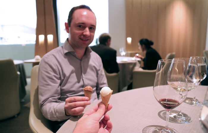 Our waiter asks if we prefer chocolate or vanilla. Everyone chooses chocolate, so I of course select vanilla. What we get is a delicious mini-cone: a simple way to begin dessert.