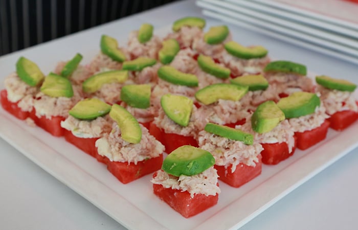 Hawaii Food and Wine Festival veteran, Thierry Rautureau of Luc in Seattle, WA prepared a tribute to Hawaiian farmers. An opah confit and goat cheese salad with avocado on a sweet watermelon. Ingredients locally produced and caught by Big Island Goat Dairy, local fisherman, Sugarland Growers and Wailea Ag.