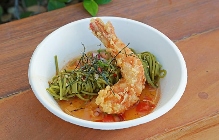 Iron Chef Morimoto's cold green tea soba with tempura shrimp. Made with locally caught Kauai shrimp, Kawamata Farms, LNR Farms and Won Hon Hin ingredients.