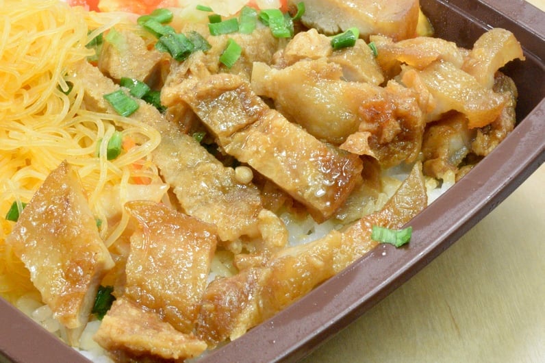 7-Eleven Fried Pork Belly and Pancit Bento Pork Closeup