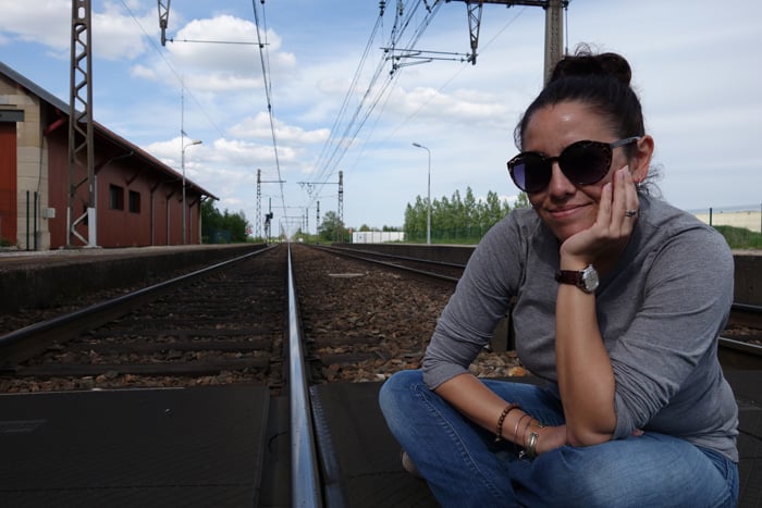 Ahnya on the tracks in Meursault. The trains are so infrequent that we could take such photos, leisurely.