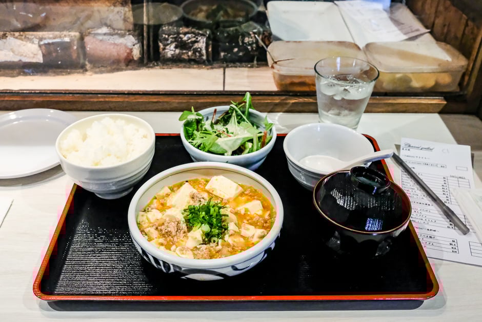 Mapo tofu teishoku set with glass of sweet potato shochu
