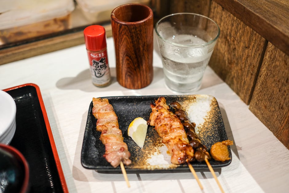 plate with three types of yakitori sticks