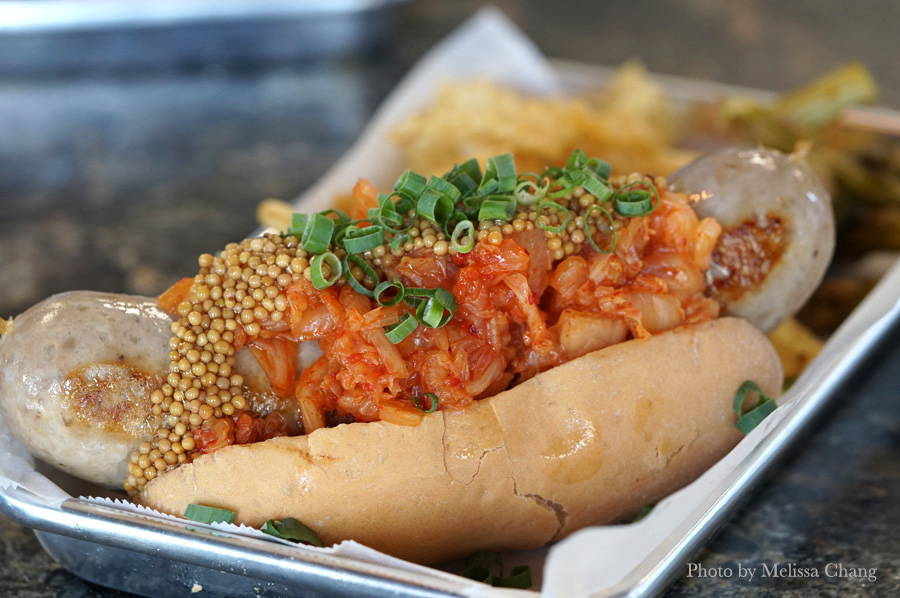 Kielbasa polish sausage with kimchi