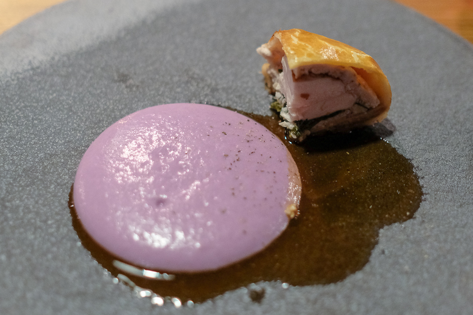 J. Ludovico chicken pithiviers with okinawan sweet potato