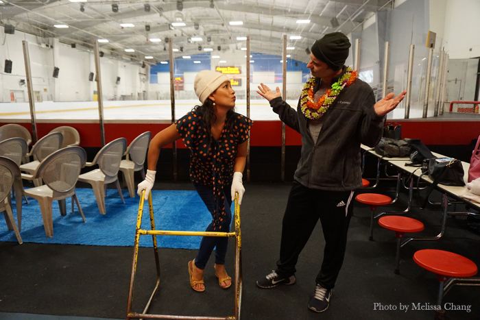 Before getting on the ice, Olena asked to use the special ice walker. Brian Boitano disapproved.