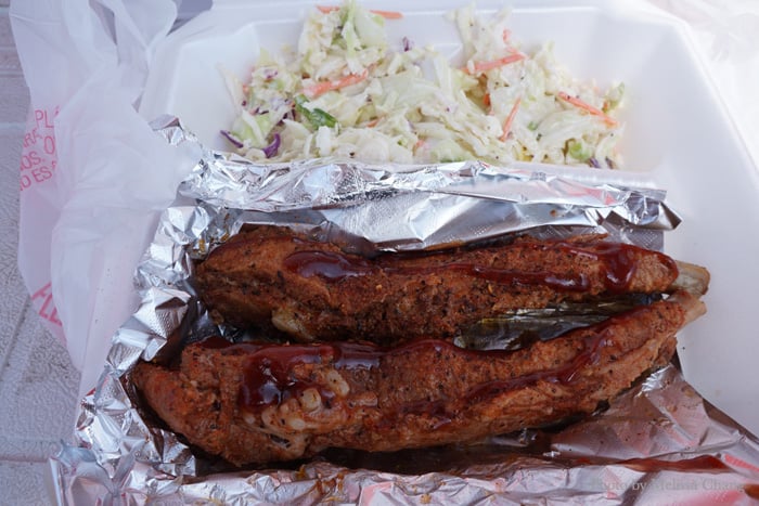 Smoked barbecued pork ribs, $9.50.