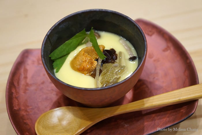 Quite possibly the best chawan mushi you'll ever have, a very light, silky egg custard with uni, shimeji mushrooms, and more. It has a whole medley of flavors and textures.