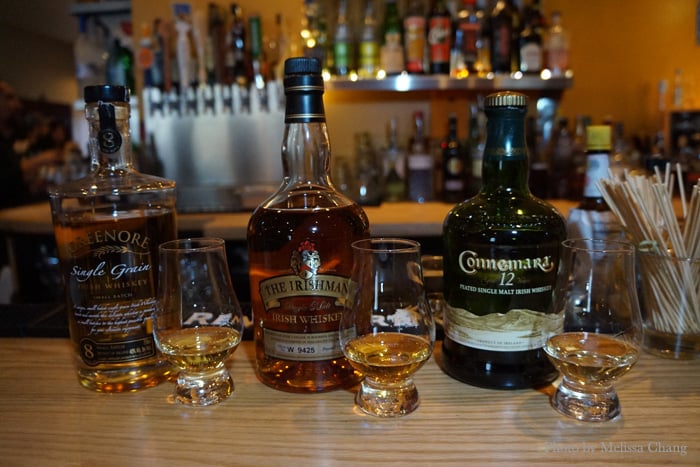 Drink from the left: Greenore 8year Single Grain Irish Whiskey, The Irishman Single Malt Irish Whiskey, and Connemara 12year Peated Single Malt Irish Whiskey.