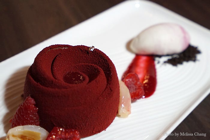Probably the most-photographed dessert, the raspberry delice is a very sweet rose-shaped gateau. It's comprised of a flourless dark chocolate sponge cake and raspberries.