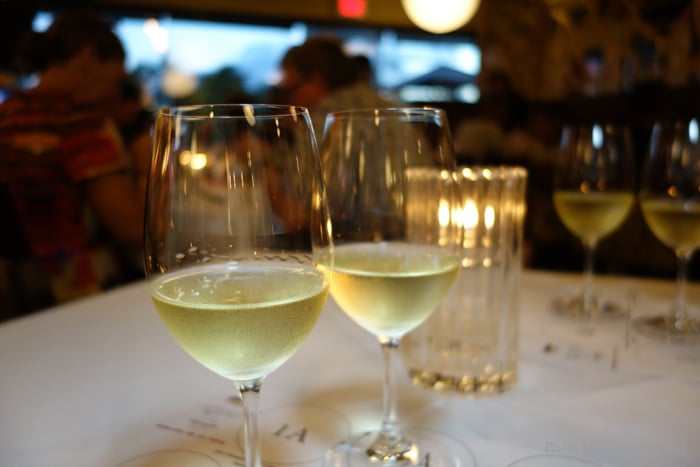 From left, 2007 Seven Springs Chardonnay Summum and 2012 Seven Springs Chardonnay Summum.