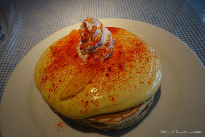 The new, seasonal li hing mango pancakes at Moke's Bread & Breakfast.