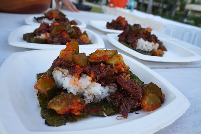Gannon made sweet soy ginger glazed, braised oxtail with sticky rice, grilled sesame nori and spicy cucumber kim chee.