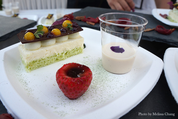 Colin Hazama's coco-lime misu with Hawaiian vanilla leche, spice smoked strawberry, poha mango gel and pandan powder.