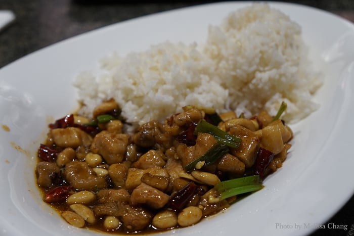 Kung pao chicken with rice, $10.99.
