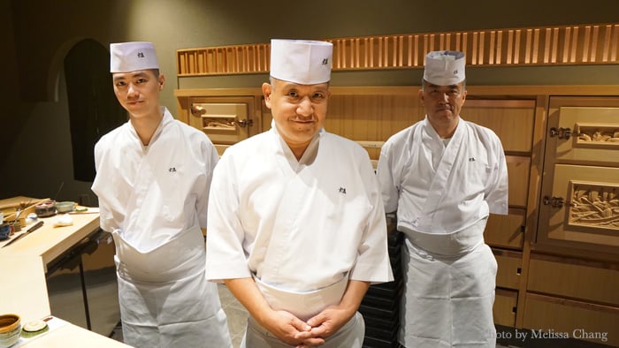 Chef Keiji Nakazawa, center, flanked by Yasushi Zenda, left, and Taku Sato.