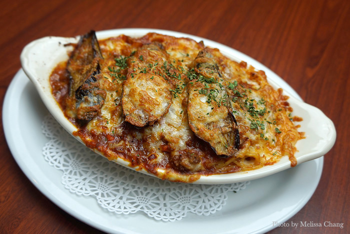 Meat sauce and eggplant gratin, $15.25.