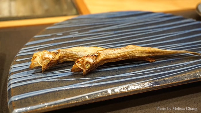 Another intermezzo, special smelt that's been salted and dried. This is very good with sake!
